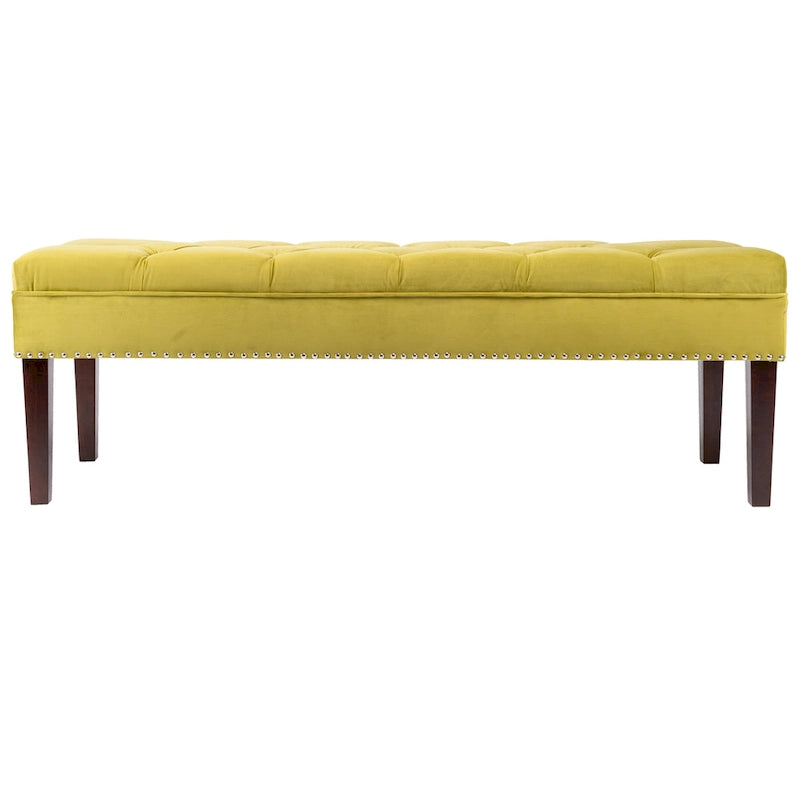 Velvet Tufted Upholstered Accent Bench with Silver Nailhead Trim and Tapered Legs