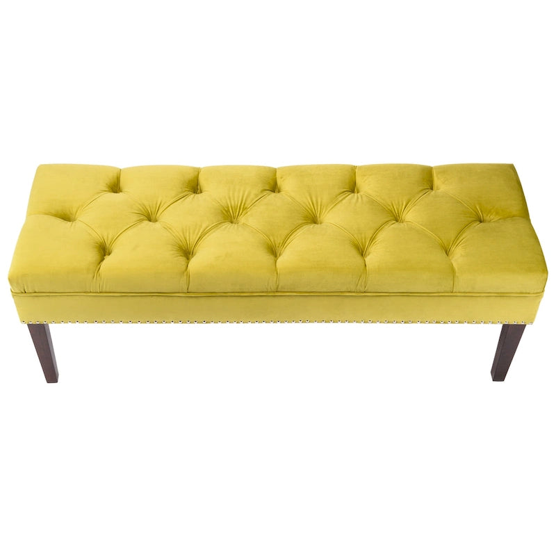 Velvet Tufted Upholstered Accent Bench with Silver Nailhead Trim and Tapered Legs