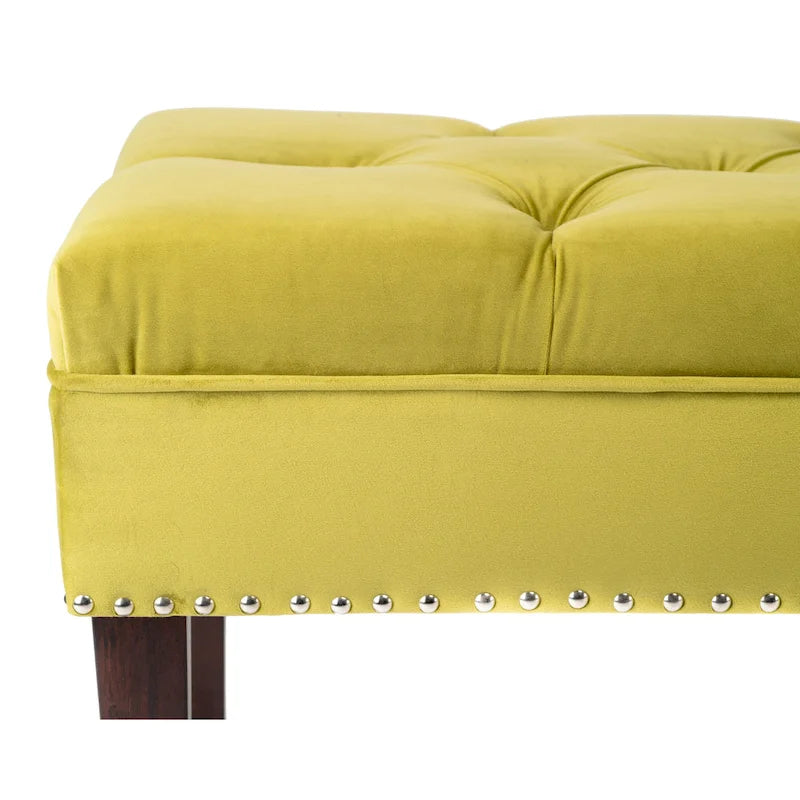 Velvet Tufted Upholstered Accent Bench with Silver Nailhead Trim and Tapered Legs
