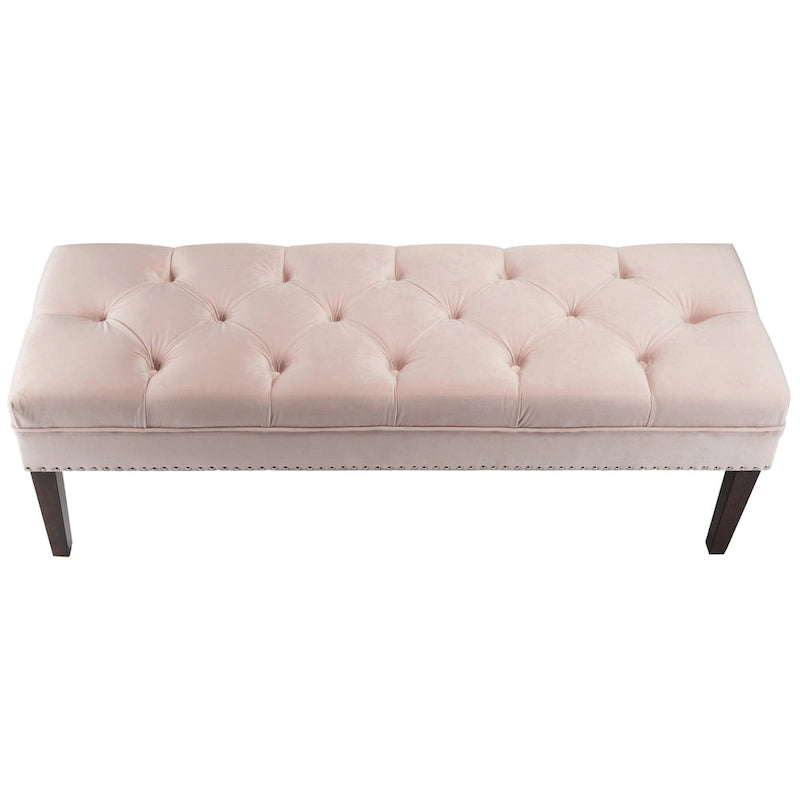 Velvet Tufted Upholstered Accent Bench with Silver Nailhead Trim and Tapered Legs