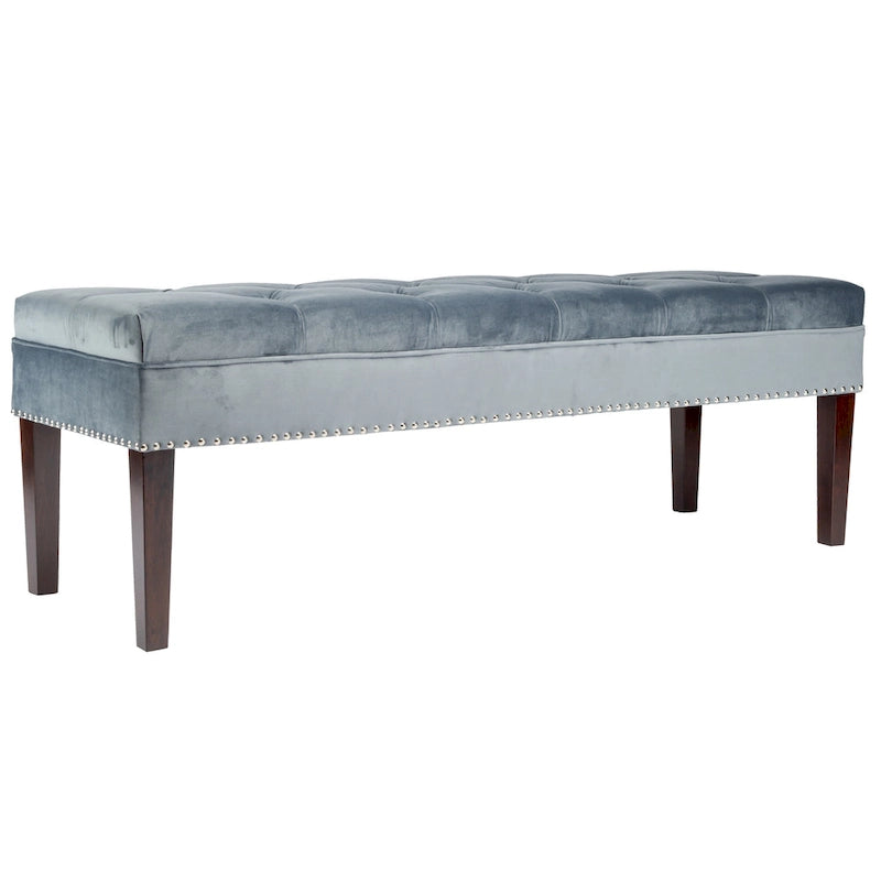 Velvet Tufted Upholstered Accent Bench with Silver Nailhead Trim and Tapered Legs
