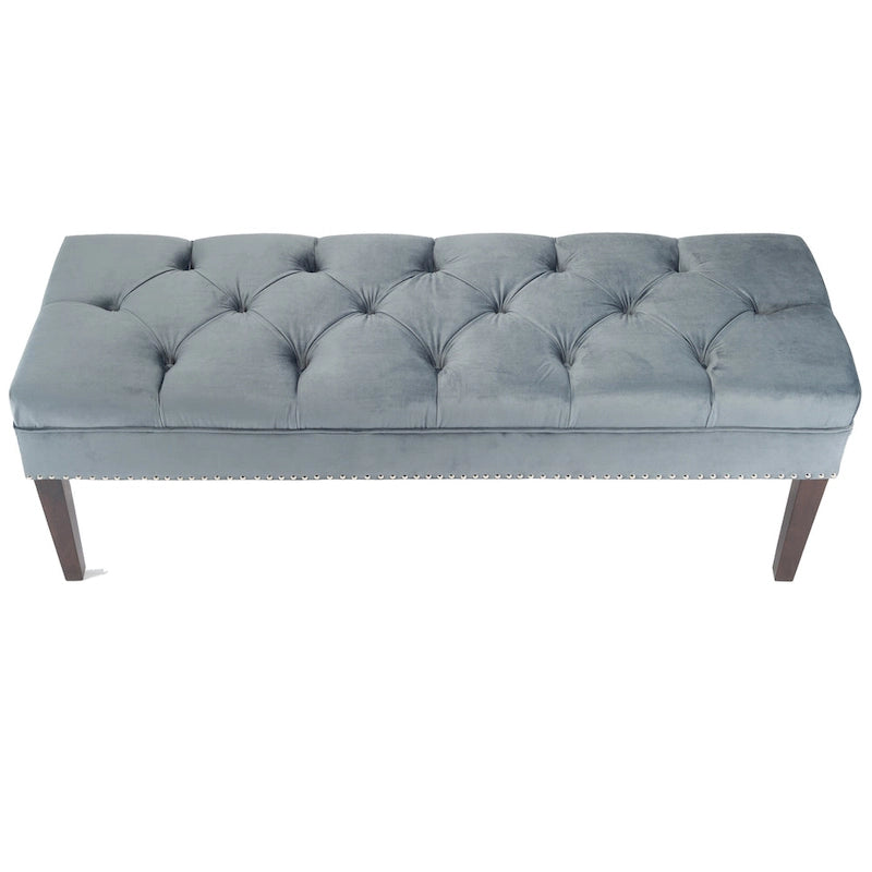 Velvet Tufted Upholstered Accent Bench with Silver Nailhead Trim and Tapered Legs
