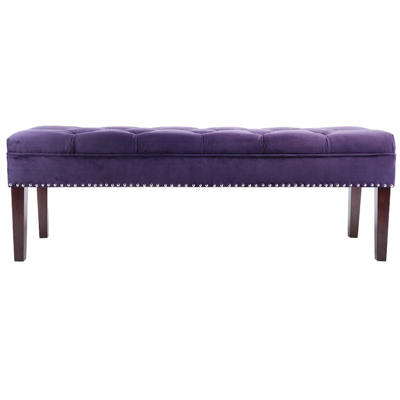 Velvet Tufted Upholstered Accent Bench with Silver Nailhead Trim and Tapered Legs