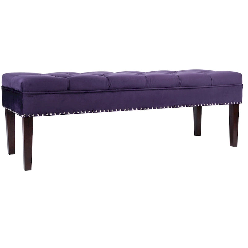 Velvet Tufted Upholstered Accent Bench with Silver Nailhead Trim and Tapered Legs