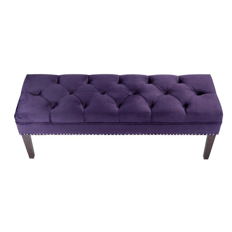 Velvet Tufted Upholstered Accent Bench with Silver Nailhead Trim and Tapered Legs