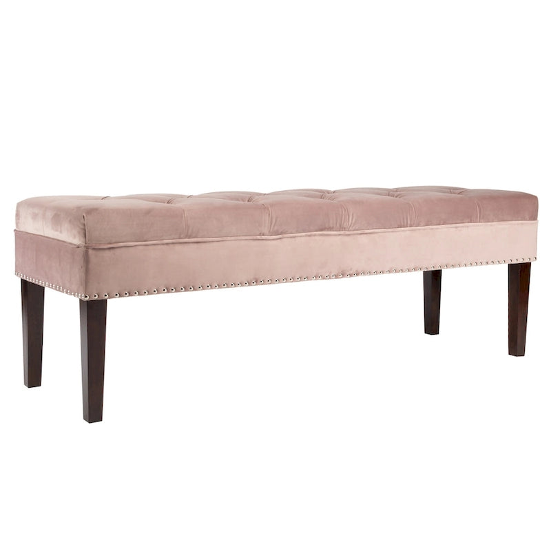 Velvet Tufted Upholstered Accent Bench with Silver Nailhead Trim and Tapered Legs