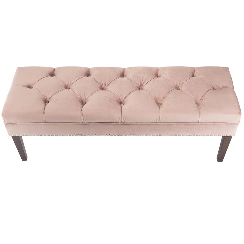 Velvet Tufted Upholstered Accent Bench with Silver Nailhead Trim and Tapered Legs