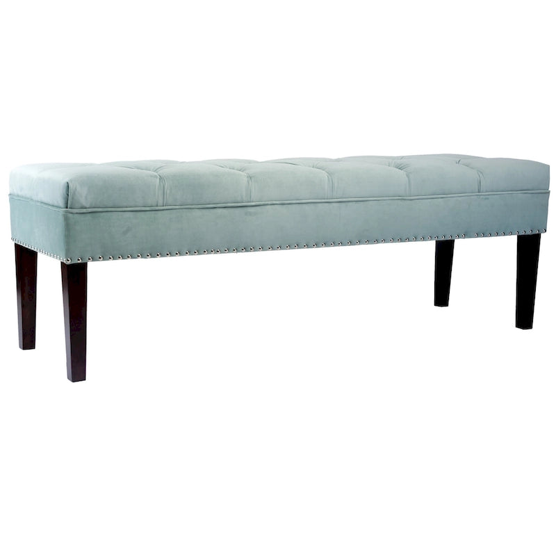 Velvet Tufted Upholstered Accent Bench with Silver Nailhead Trim and Tapered Legs