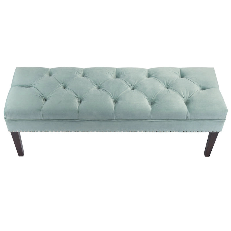 Velvet Tufted Upholstered Accent Bench with Silver Nailhead Trim and Tapered Legs