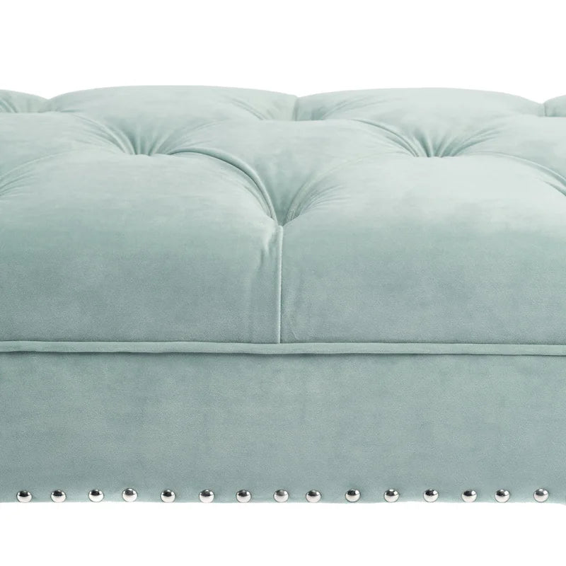Velvet Tufted Upholstered Accent Bench with Silver Nailhead Trim and Tapered Legs