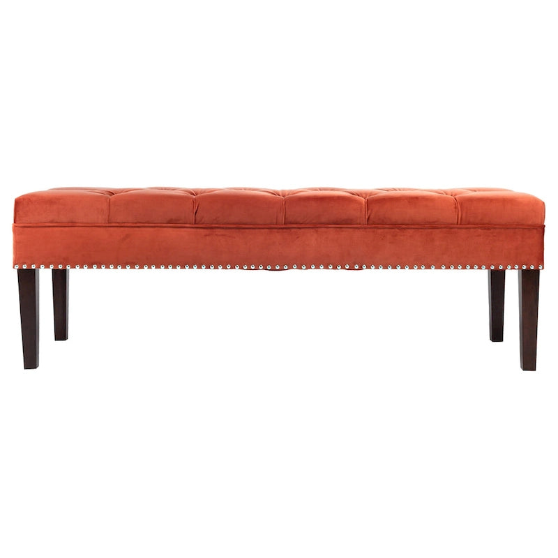 Velvet Tufted Upholstered Accent Bench with Silver Nailhead Trim and Tapered Legs