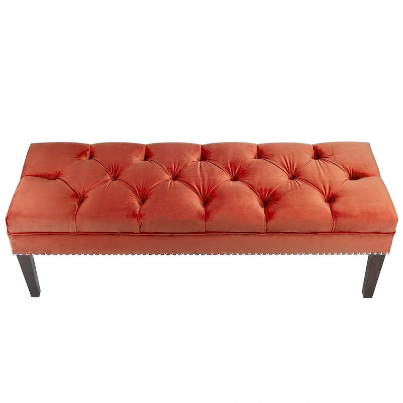 Velvet Tufted Upholstered Accent Bench with Silver Nailhead Trim and Tapered Legs