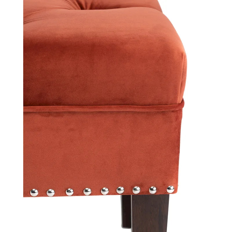 Velvet Tufted Upholstered Accent Bench with Silver Nailhead Trim and Tapered Legs