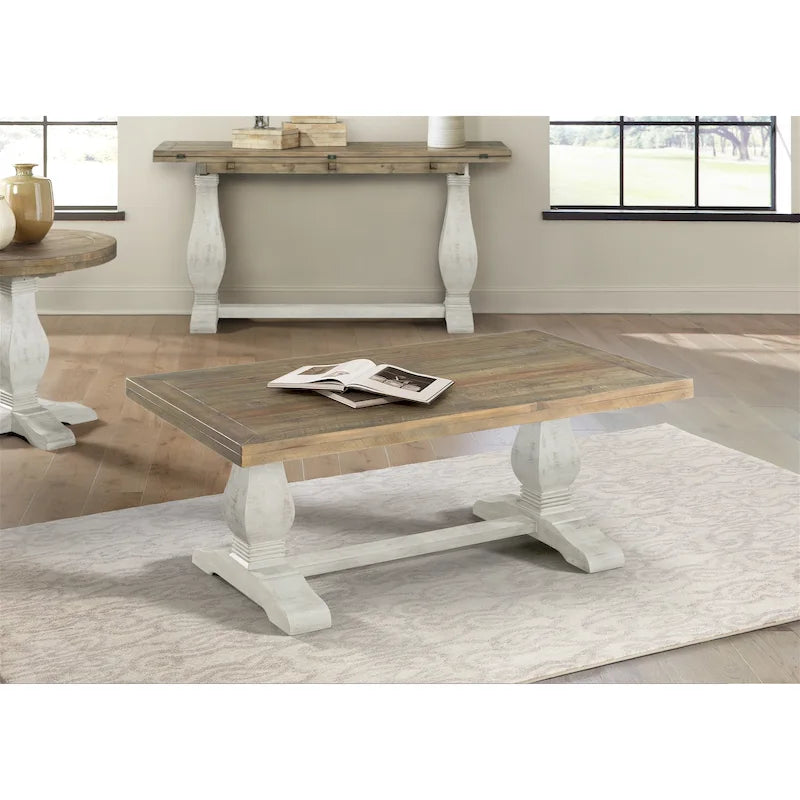 Reclaimed Pine Farmhouse Coffee Table with Plank Top and Carved Legs