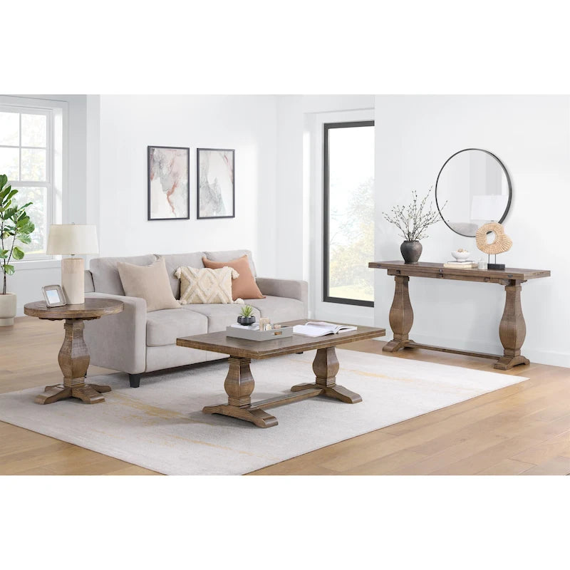 Reclaimed Pine Farmhouse Coffee Table with Plank Top and Carved Legs