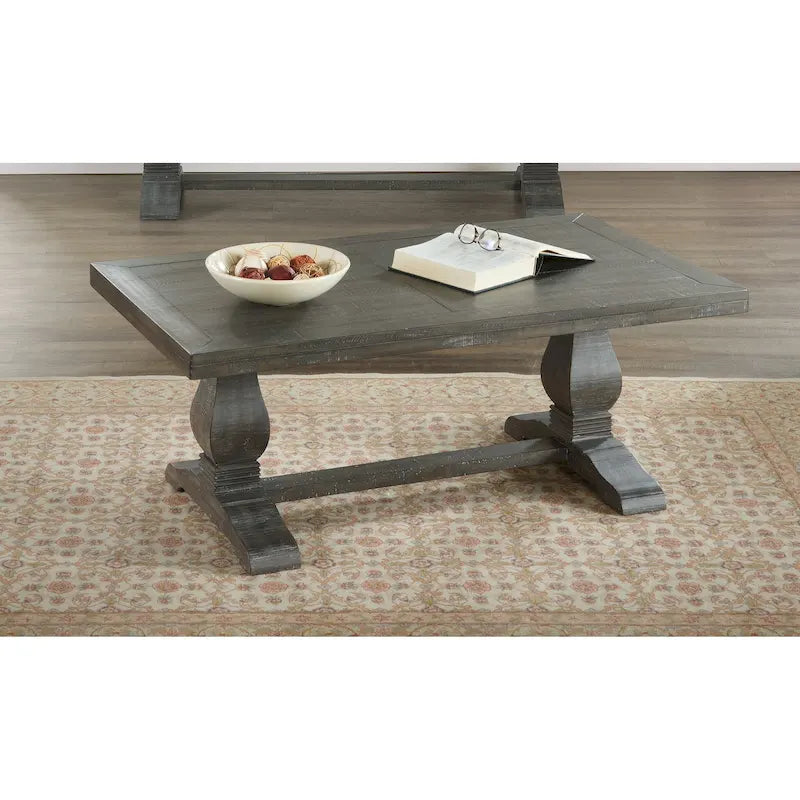 Reclaimed Pine Farmhouse Coffee Table with Plank Top and Carved Legs