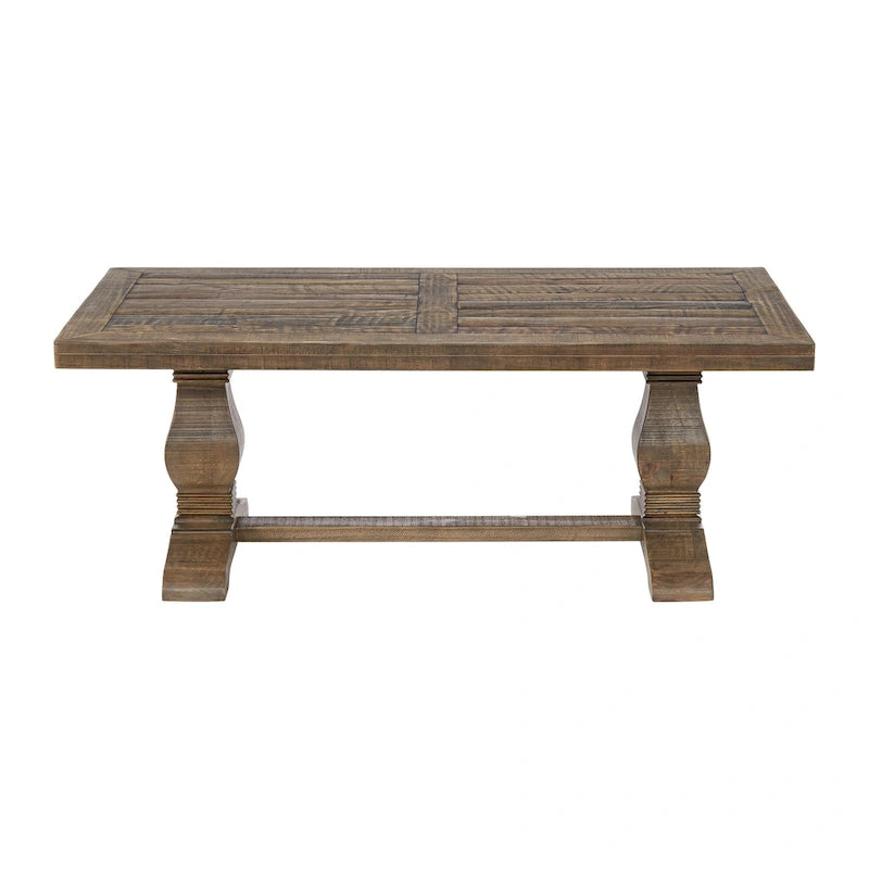Reclaimed Pine Farmhouse Coffee Table with Plank Top and Carved Legs