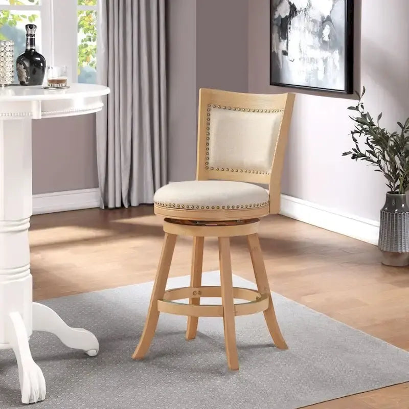 High Back Swivel Wood Counter Stool with Linen Upholstered Seat