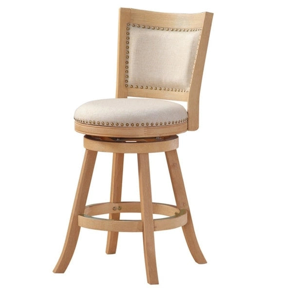 Barhocker aus Holz mit hoher Rückenlehne, drehbar, mit leinenbezogener Sitzfläche