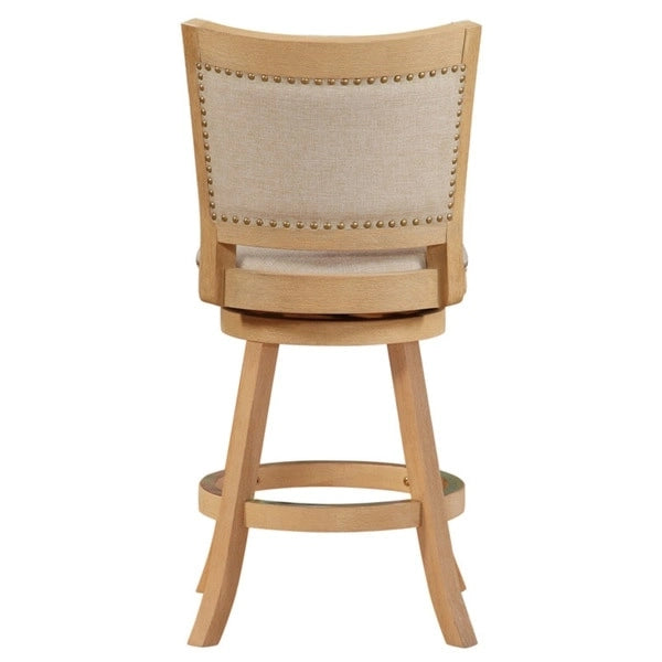 Barhocker aus Holz mit hoher Rückenlehne, drehbar, mit leinenbezogener Sitzfläche
