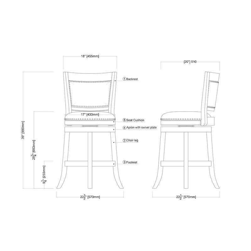 High Back Swivel Wood Counter Stool with Linen Upholstered Seat