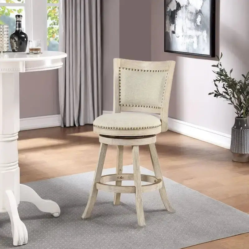 Barhocker aus Holz mit hoher Rückenlehne, drehbar, mit leinenbezogener Sitzfläche