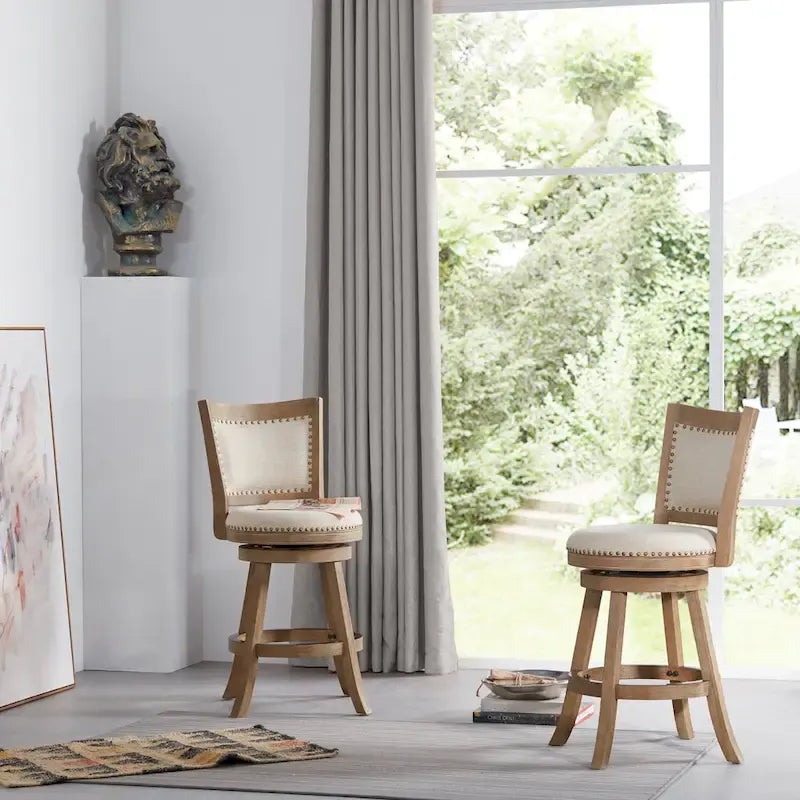 Barhocker aus Holz mit hoher Rückenlehne, drehbar, mit leinenbezogener Sitzfläche