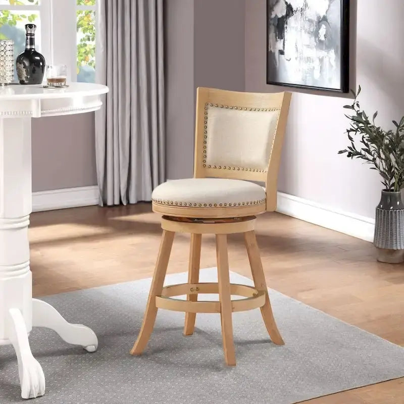Barhocker aus Holz mit hoher Rückenlehne, drehbar, mit leinenbezogener Sitzfläche