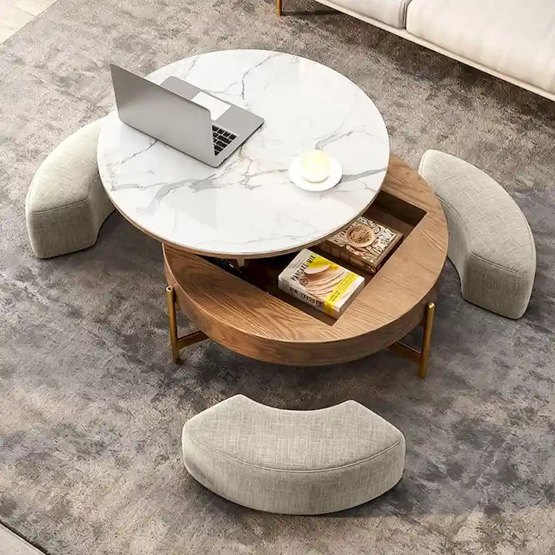 Modern Coffee Table, Lifting-top Round Coffee Table with Storage, Sintered Stone Top, Carbon Steel Legs