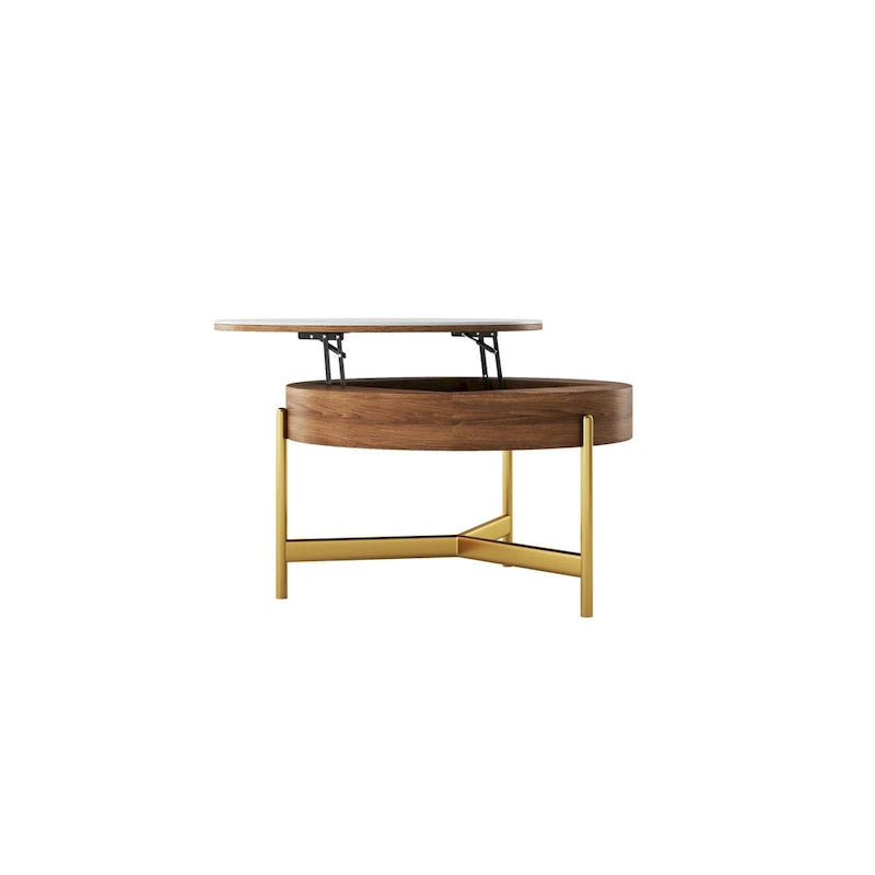 Moderne salontafel, ronde salontafel met opklapbaar blad en opbergruimte, blad van gesinterde steen, poten van koolstofstaal