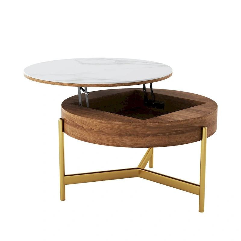 Moderne salontafel, ronde salontafel met opklapbaar blad en opbergruimte, blad van gesinterde steen, poten van koolstofstaal