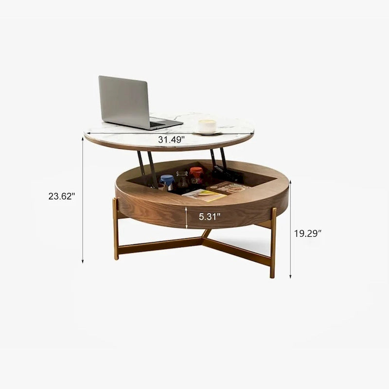 Moderne salontafel, ronde salontafel met opklapbaar blad en opbergruimte, blad van gesinterde steen, poten van koolstofstaal