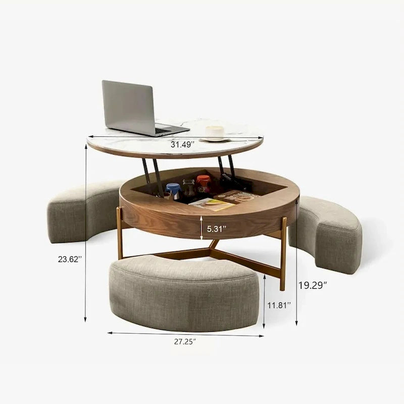 Moderne salontafel, ronde salontafel met opklapbaar blad en opbergruimte, blad van gesinterde steen, poten van koolstofstaal