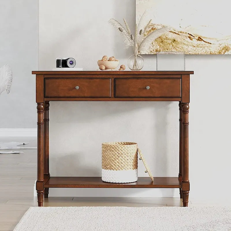 Solid Rubberwood Entryway Console Table with Two Drawers and Shelf