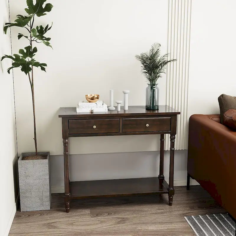 Solid Rubberwood Entryway Console Table with Two Drawers and Shelf