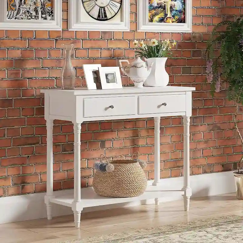 Solid Rubberwood Entryway Console Table with Two Drawers and Shelf