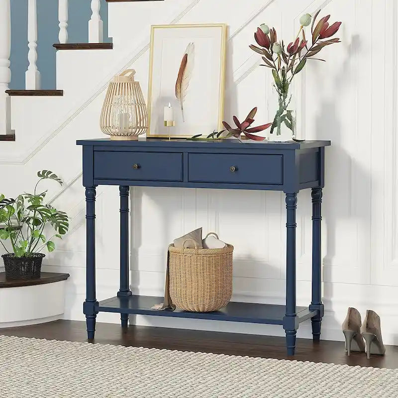 Solid Rubberwood Entryway Console Table with Two Drawers and Shelf
