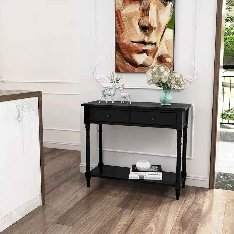 Solid Rubberwood Entryway Console Table with Two Drawers and Shelf