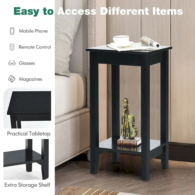 Modern 2-Tier Tall End Table Nightstand with Open Storage Shelf White Black