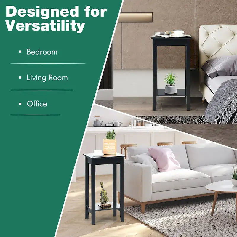 Modern 2-Tier Tall End Table Nightstand with Open Storage Shelf White Black