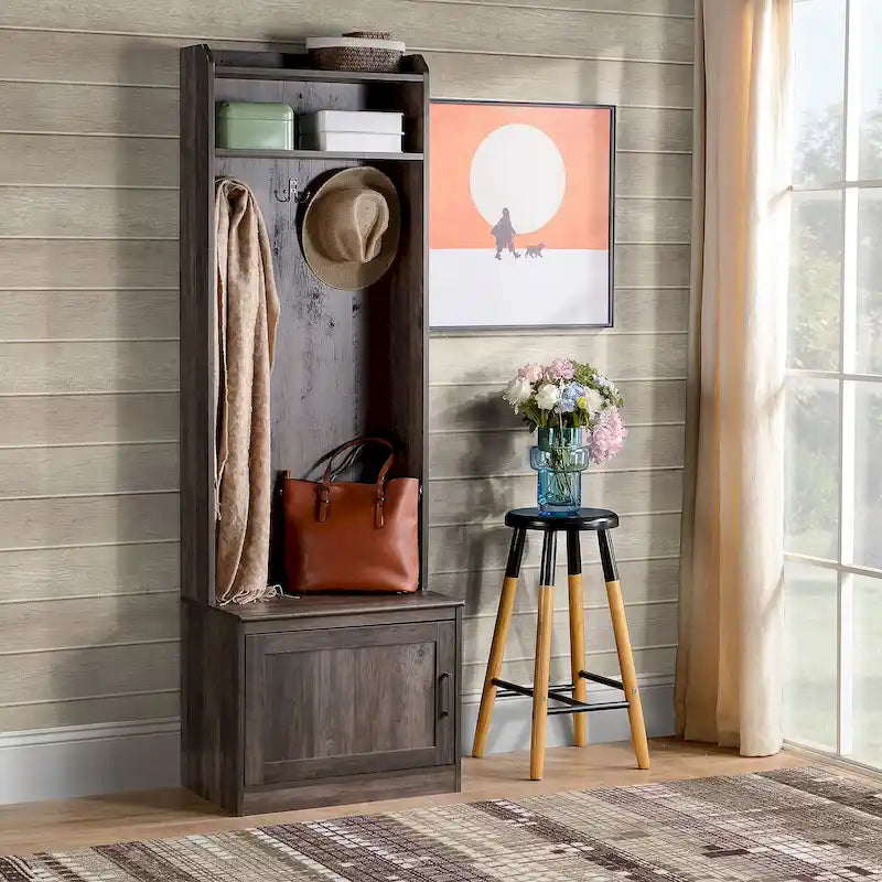 Rustic Wood Hall Tree Entryway Bench with Shoe Storage and Coat Rack