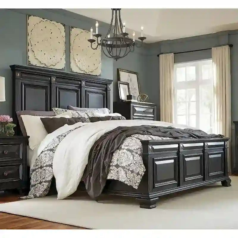 Roundhill Furniture Renova Vintage Black Wood Panel Bed