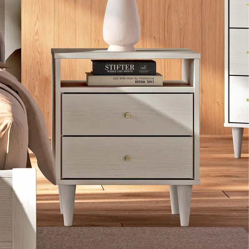 Modern Solid Wood Two Drawer Nightstand with Open Shelf Tapered Legs Walnut White