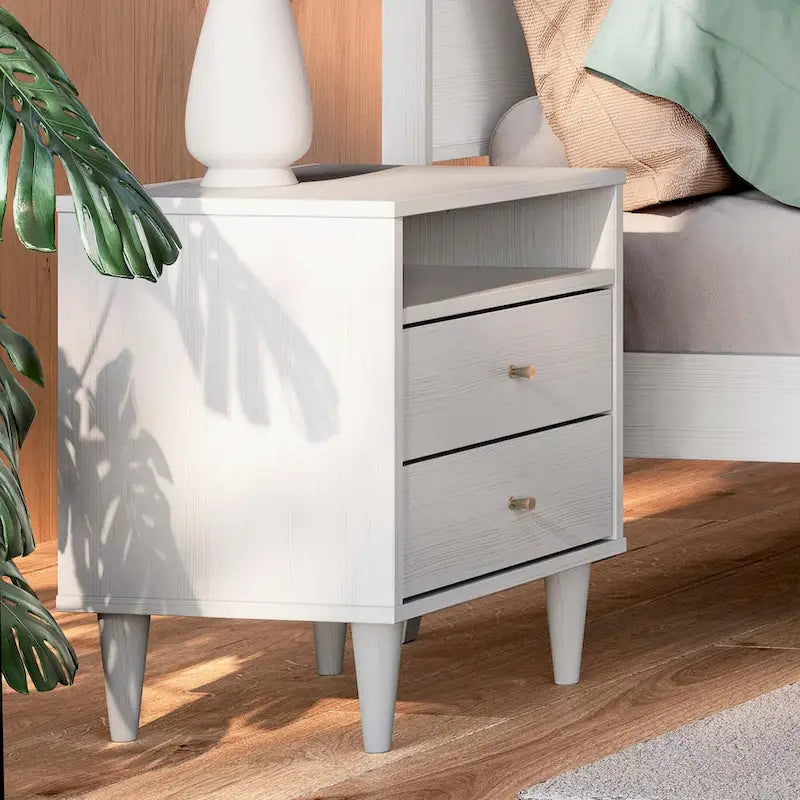 Modern Solid Wood Two Drawer Nightstand with Open Shelf Tapered Legs Walnut White