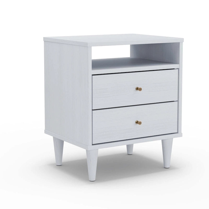 Modern Solid Wood Two Drawer Nightstand with Open Shelf Tapered Legs Walnut White