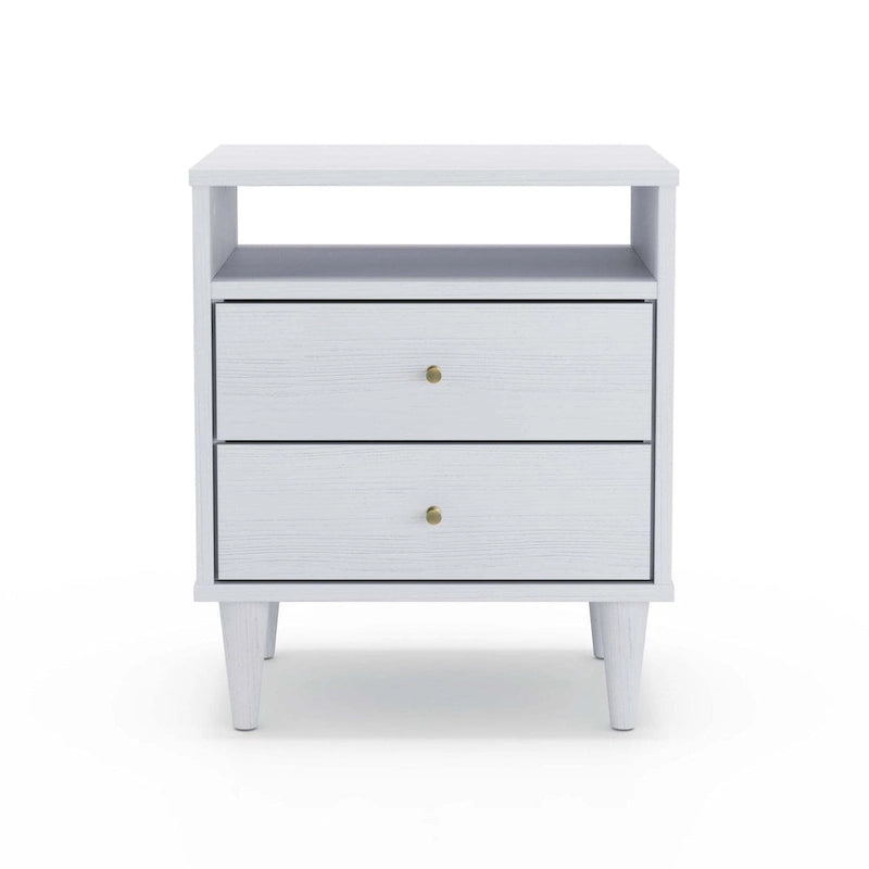 Modern Solid Wood Two Drawer Nightstand with Open Shelf Tapered Legs Walnut White
