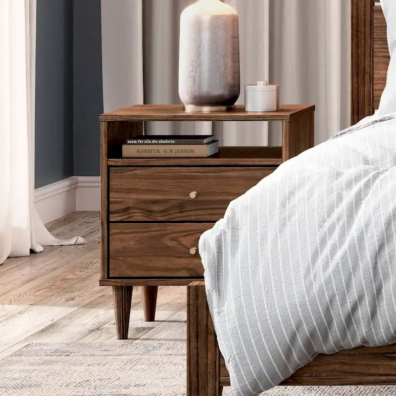 Modern Solid Wood Two Drawer Nightstand with Open Shelf Tapered Legs Walnut White