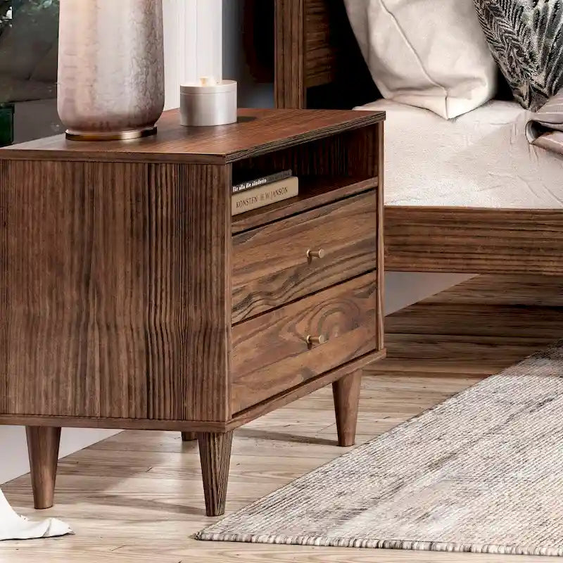 Modern Solid Wood Two Drawer Nightstand with Open Shelf Tapered Legs Walnut White
