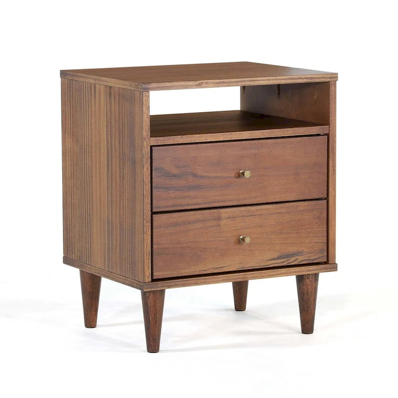 Modern Solid Wood Two Drawer Nightstand with Open Shelf Tapered Legs Walnut White