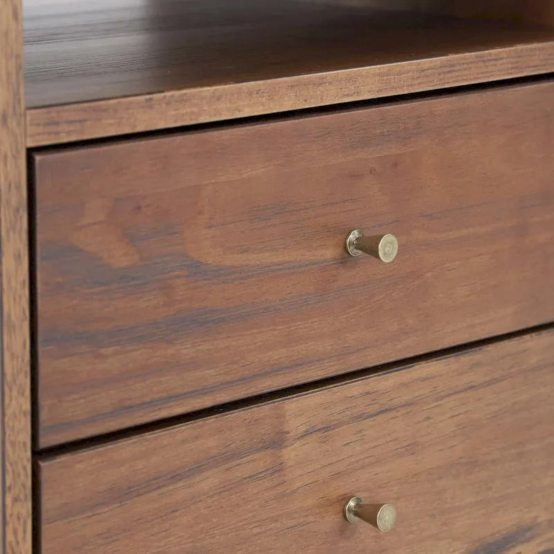 Modern Solid Wood Two Drawer Nightstand with Open Shelf Tapered Legs Walnut White